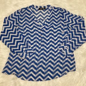 ANA White Blue Chevron sheer VNeck top 1/4 Button Down Long Sleeves